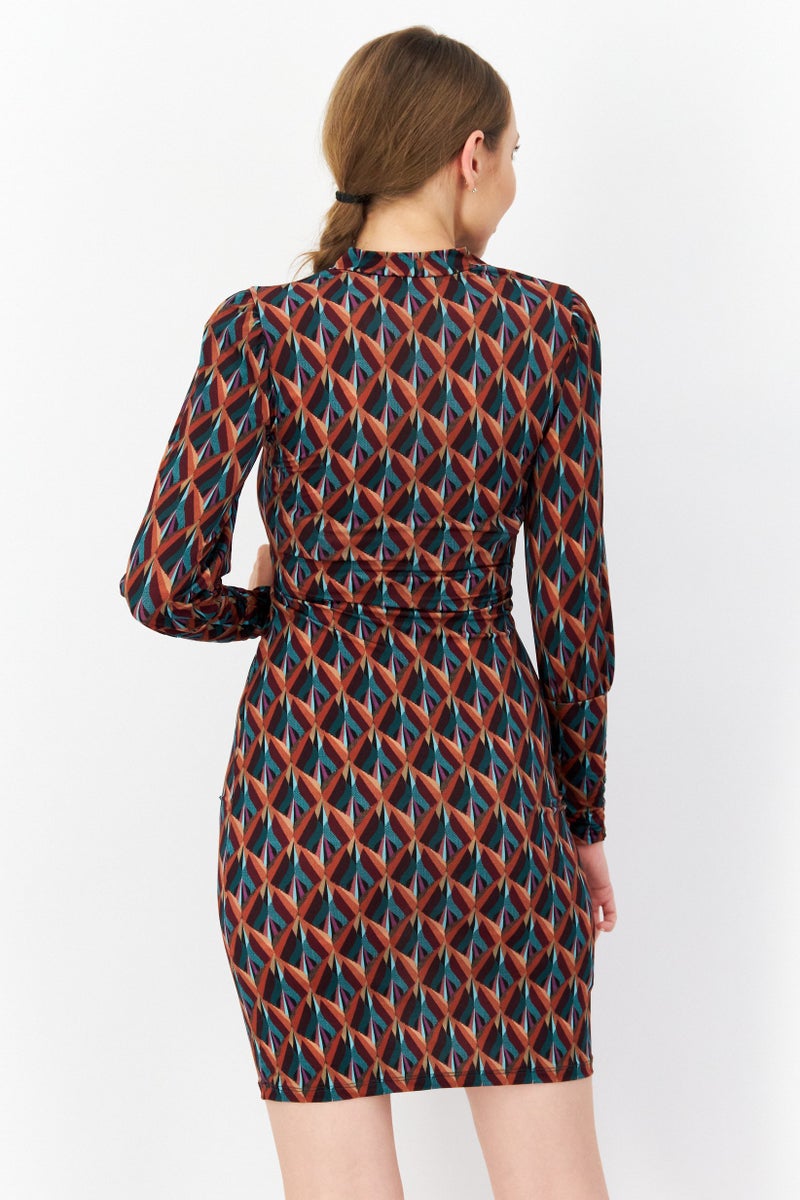 promod Women Allover Print Mini Dress, Brown Combo - Image 3